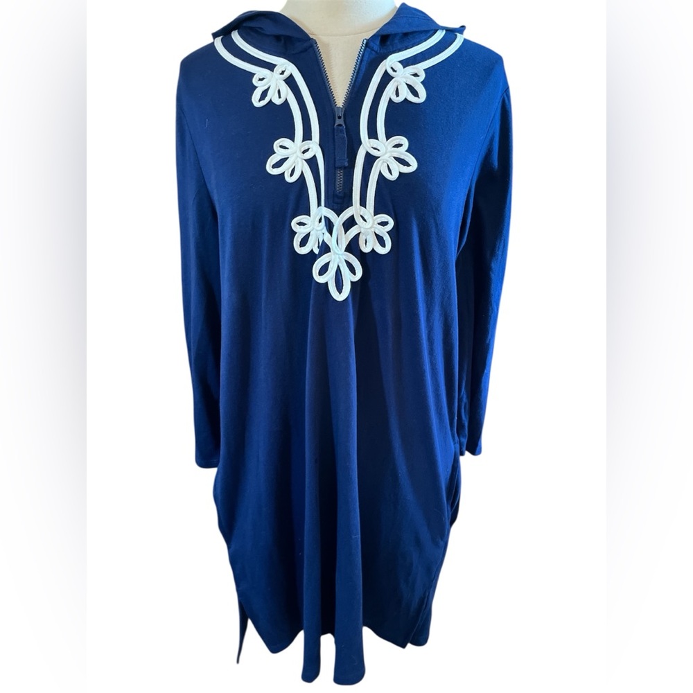 Lands' End Blue Hoodie zip up Long sleeves Tunic w/ White soutache Size Large
